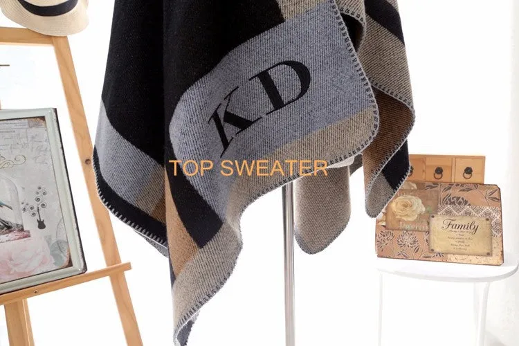 Monogrammed Reversible Short Blanket Ponchos (Embroidered Personalized Initials)