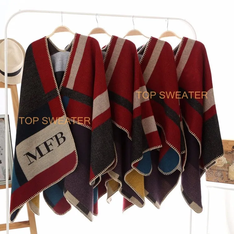 Monogrammed Reversible Short Blanket Ponchos (Embroidered Personalized Initials)