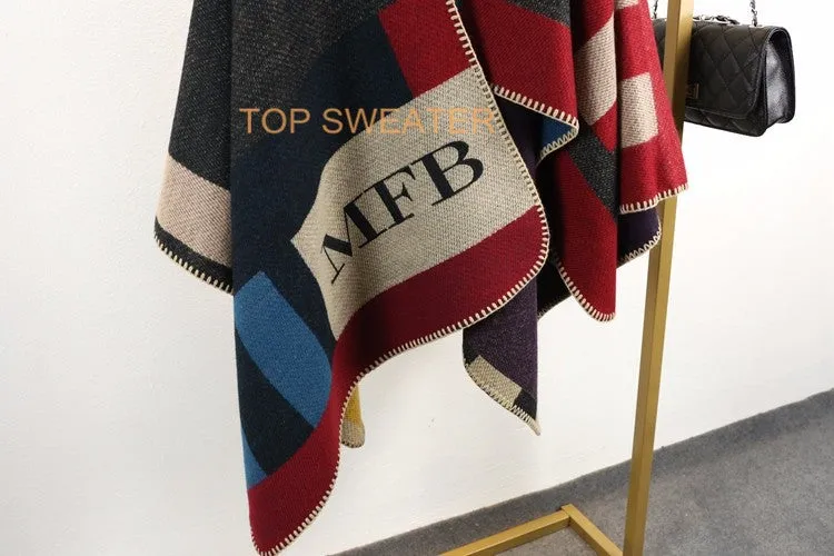 Monogrammed Reversible Short Blanket Ponchos (Embroidered Personalized Initials)