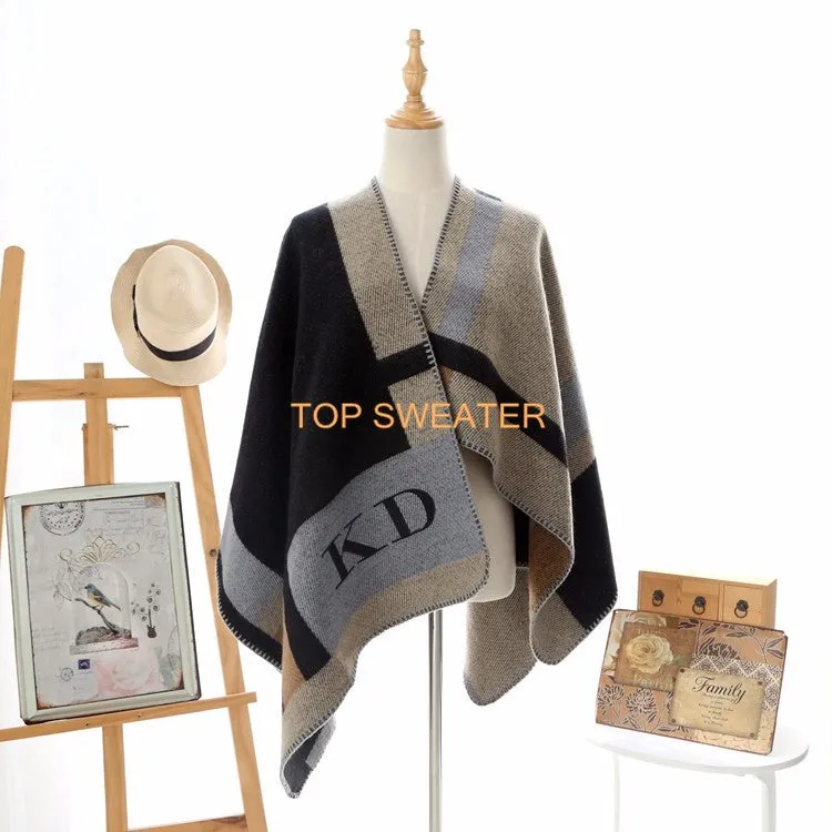 Monogrammed Reversible Short Blanket Ponchos (Embroidered Personalized Initials)