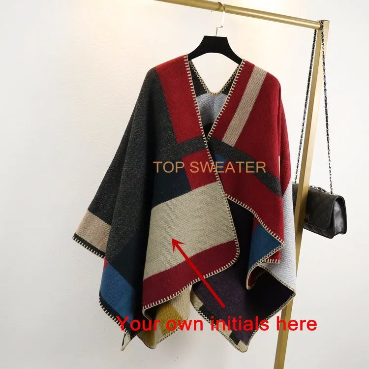 Monogrammed Reversible Short Blanket Ponchos (Embroidered Personalized Initials)