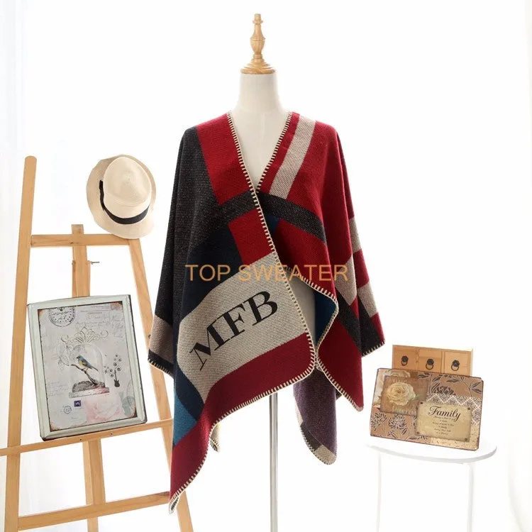 Monogrammed Reversible Short Blanket Ponchos (Embroidered Personalized Initials)