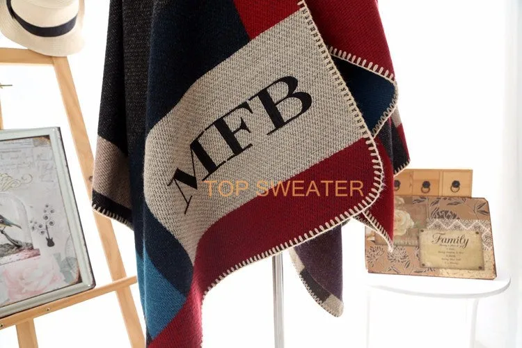 Monogrammed Reversible Short Blanket Ponchos (Embroidered Personalized Initials)