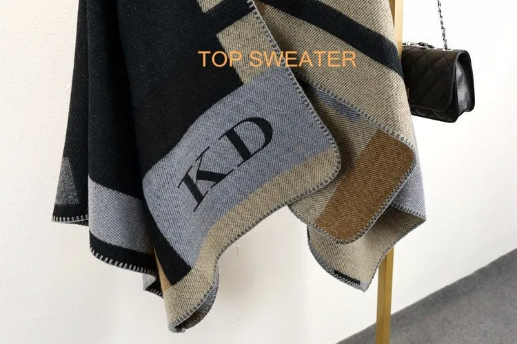 Monogrammed Reversible Short Blanket Ponchos (Embroidered Personalized Initials)
