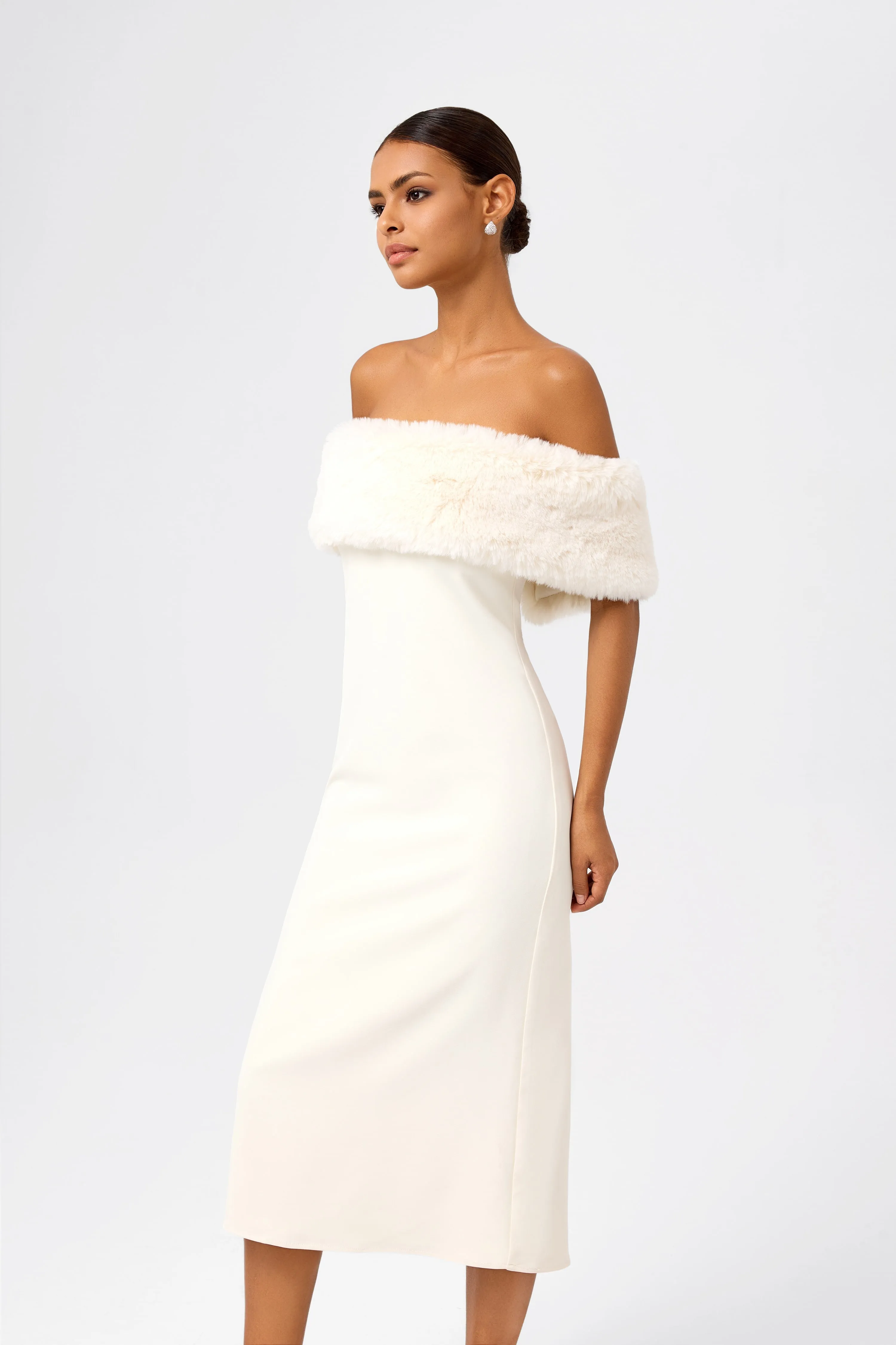 Off-Shoulder Faux Fur Midi Dress