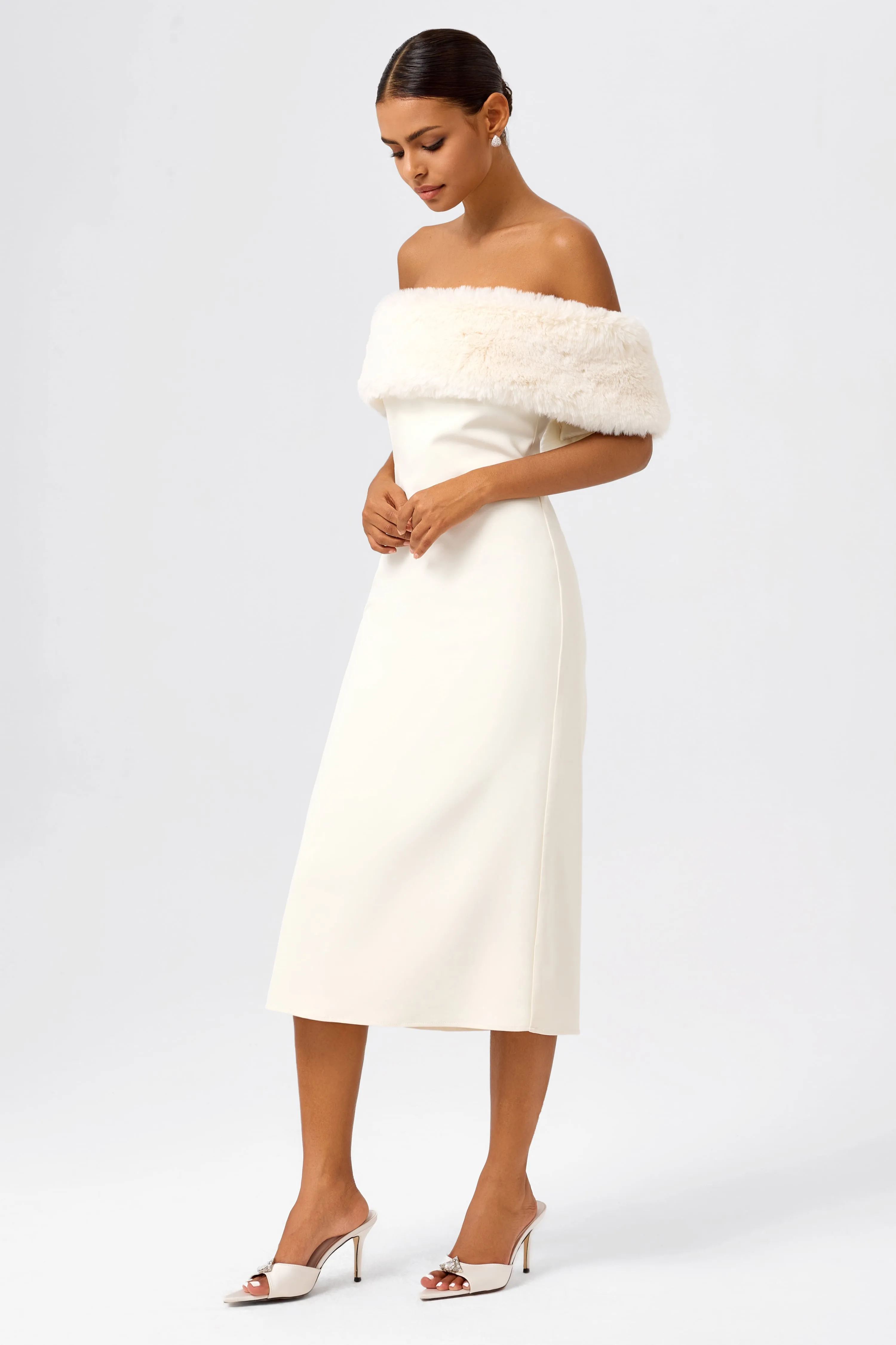 Off-Shoulder Faux Fur Midi Dress