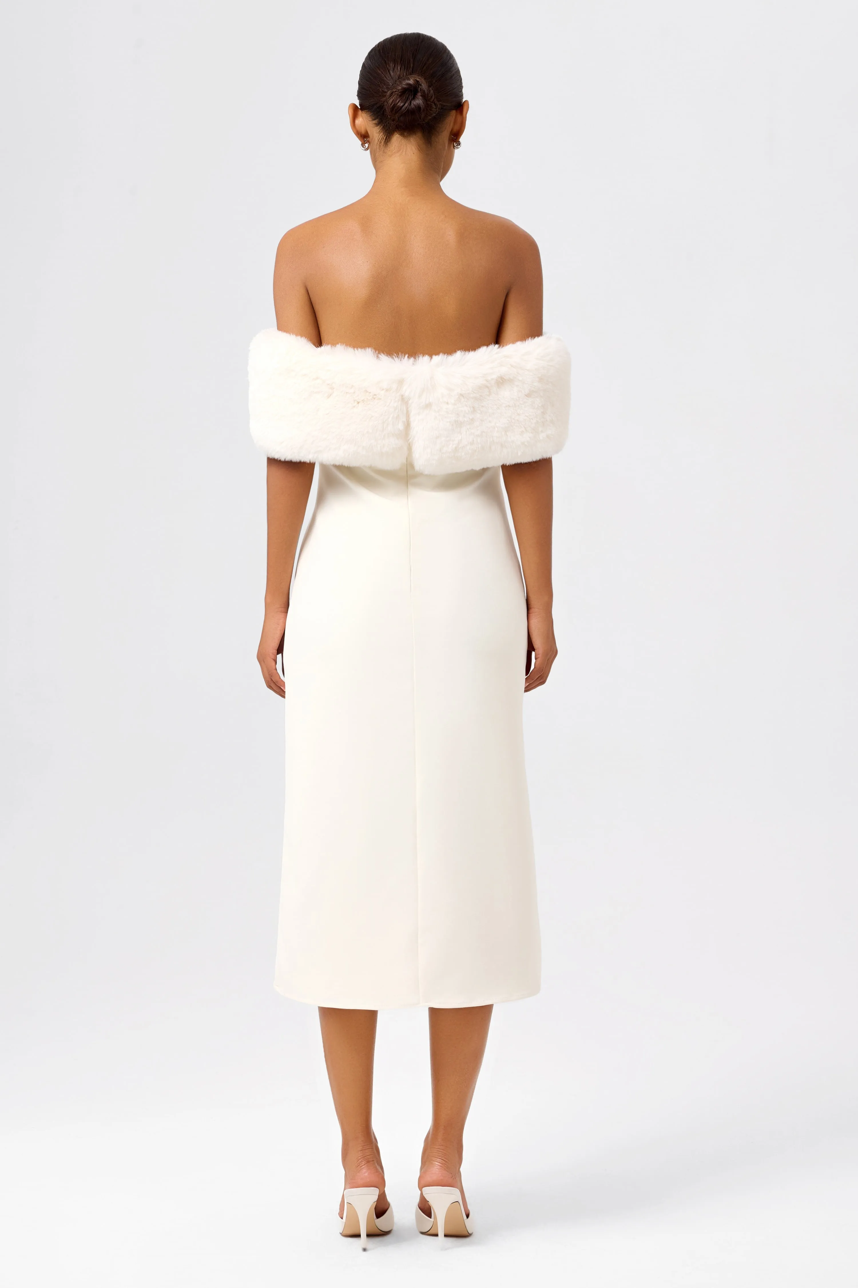 Off-Shoulder Faux Fur Midi Dress