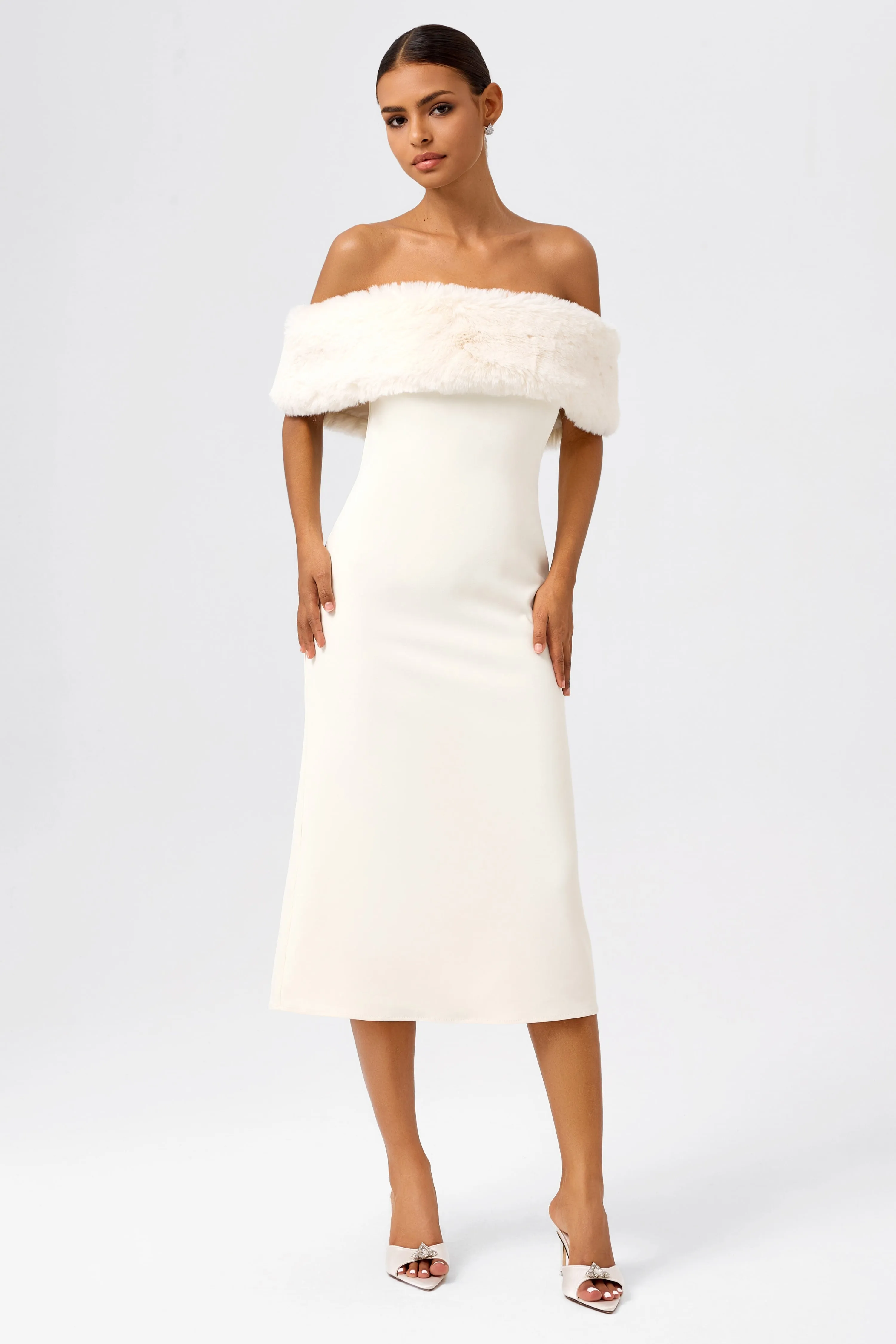 Off-Shoulder Faux Fur Midi Dress