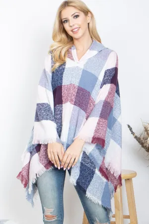 PLAID MULTICOLOR WARMER KNITTED HOODED PONCHO