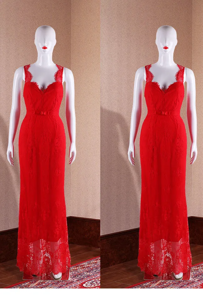 Pure Color Lace V-neck Sleeveless Long Party Dress