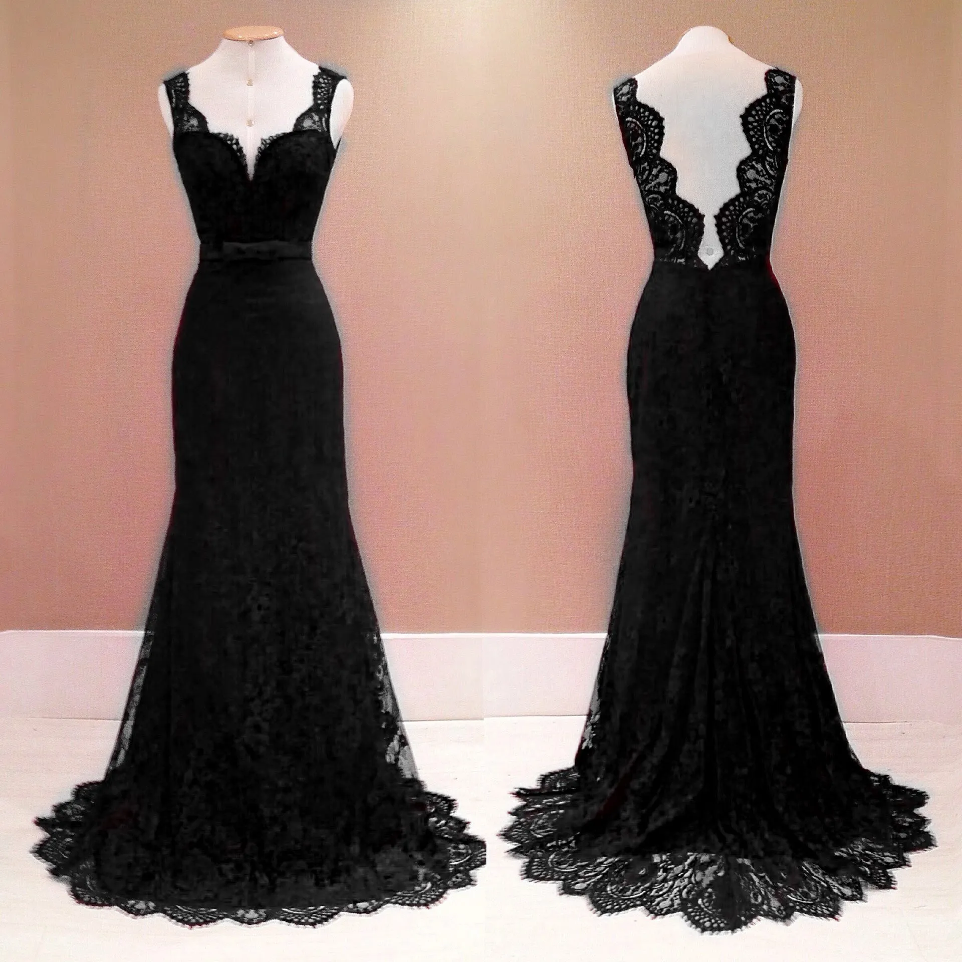 Pure Color Lace V-neck Sleeveless Long Party Dress