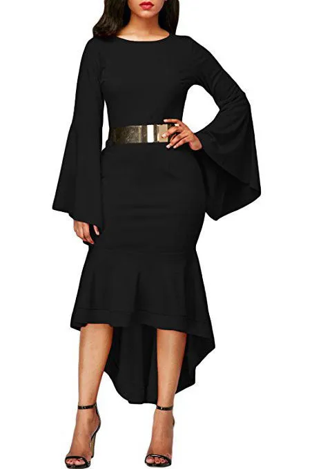 Pure Color Long Trumpet Sleeves Irregular Scoop Knee-length Dress