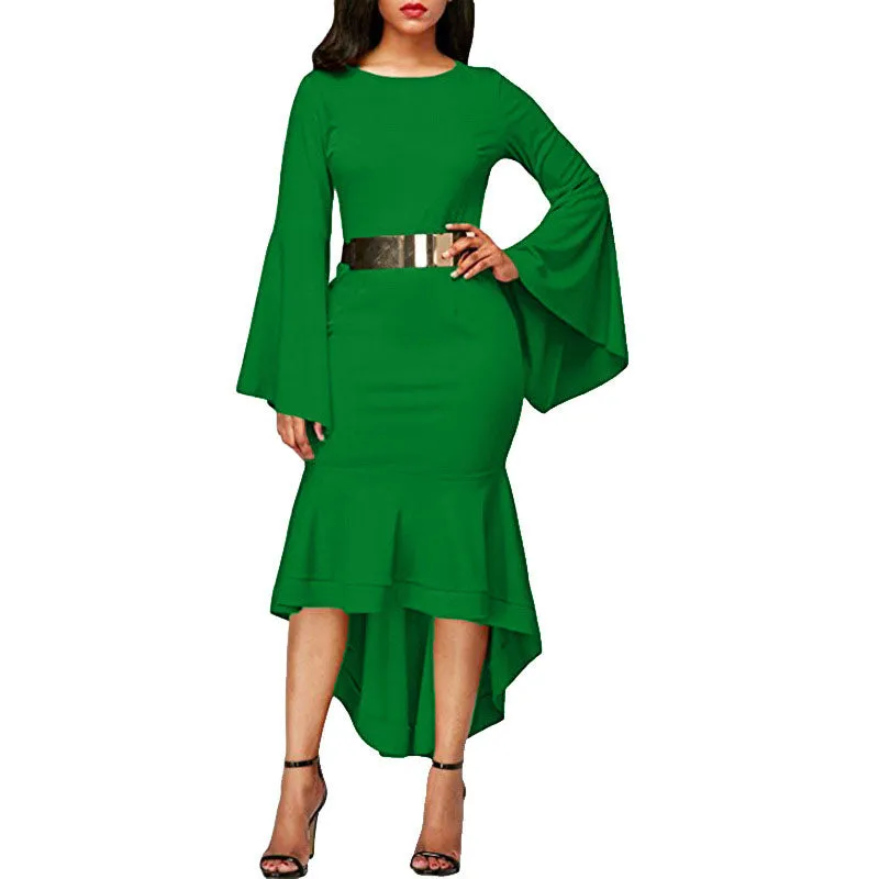 Pure Color Long Trumpet Sleeves Irregular Scoop Knee-length Dress