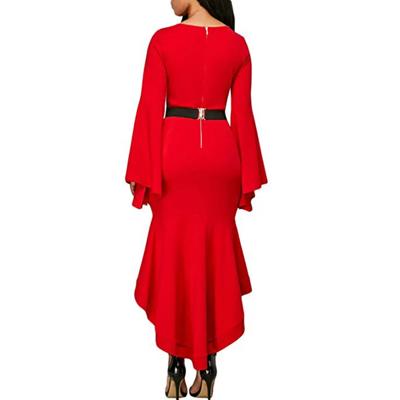 Pure Color Long Trumpet Sleeves Irregular Scoop Knee-length Dress