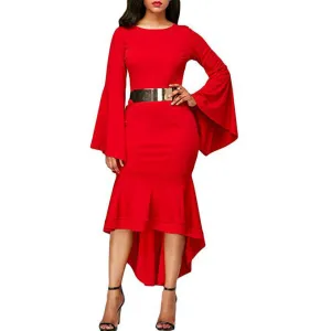 Pure Color Long Trumpet Sleeves Irregular Scoop Knee-length Dress