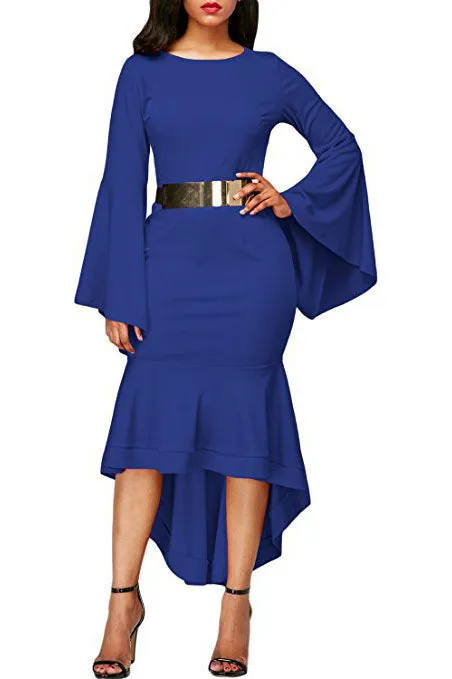 Pure Color Long Trumpet Sleeves Irregular Scoop Knee-length Dress