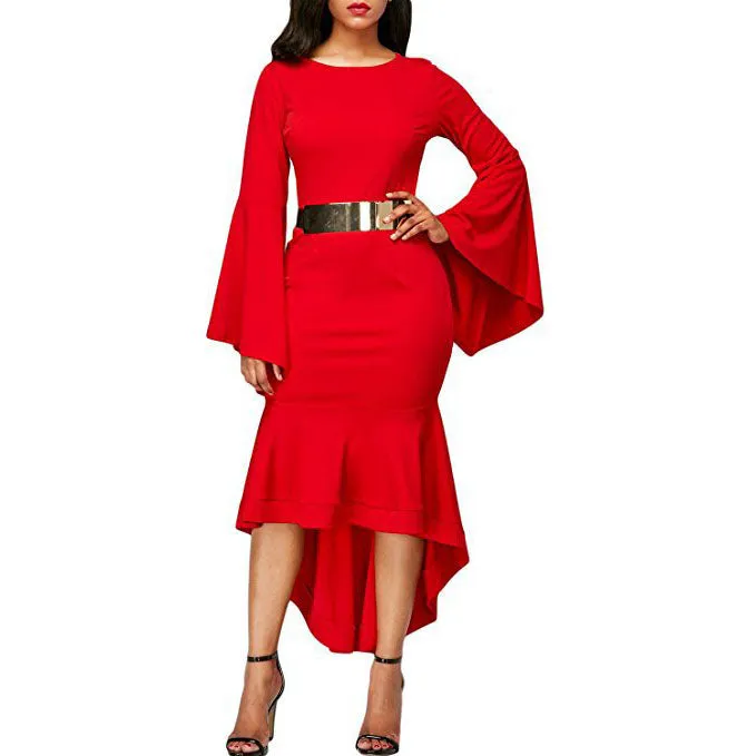 Pure Color Long Trumpet Sleeves Irregular Scoop Knee-length Dress