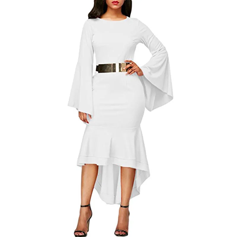 Pure Color Long Trumpet Sleeves Irregular Scoop Knee-length Dress
