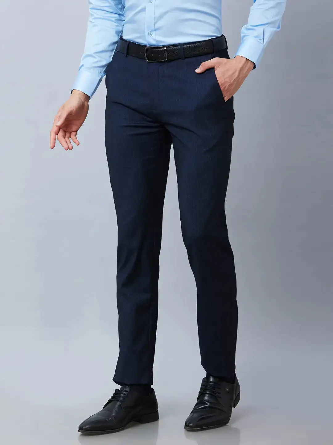 Raymond Men Blue Solid Slim Fit Polyester Blend Trousers
