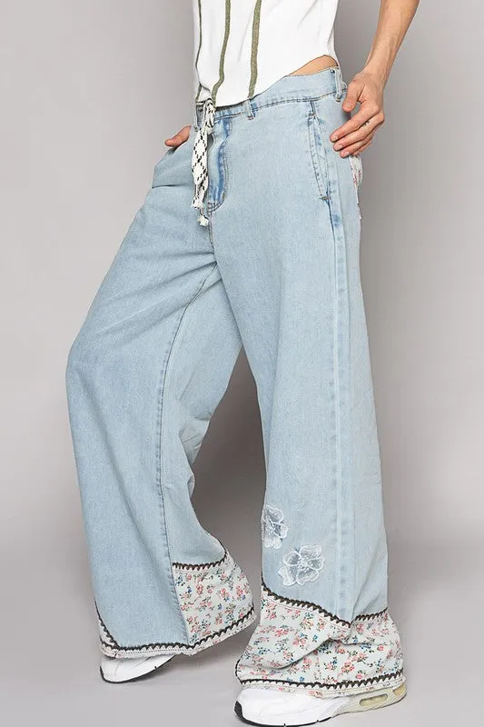 SALE* Floral Patch Embroidery Elastic Band Pants