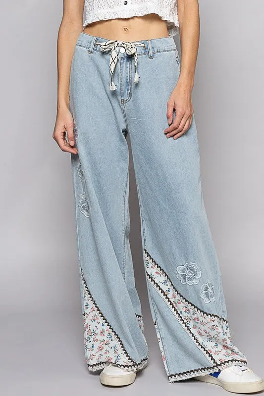 SALE* Floral Patch Embroidery Elastic Band Pants