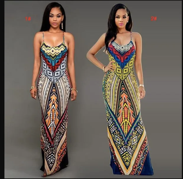 Sexy Spaghetti Strap Print Bodycon Long Dress