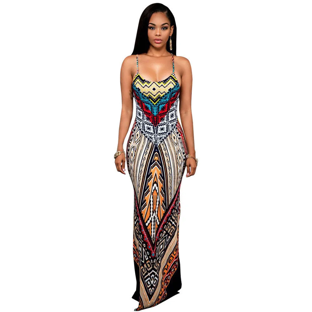 Sexy Spaghetti Strap Print Bodycon Long Dress