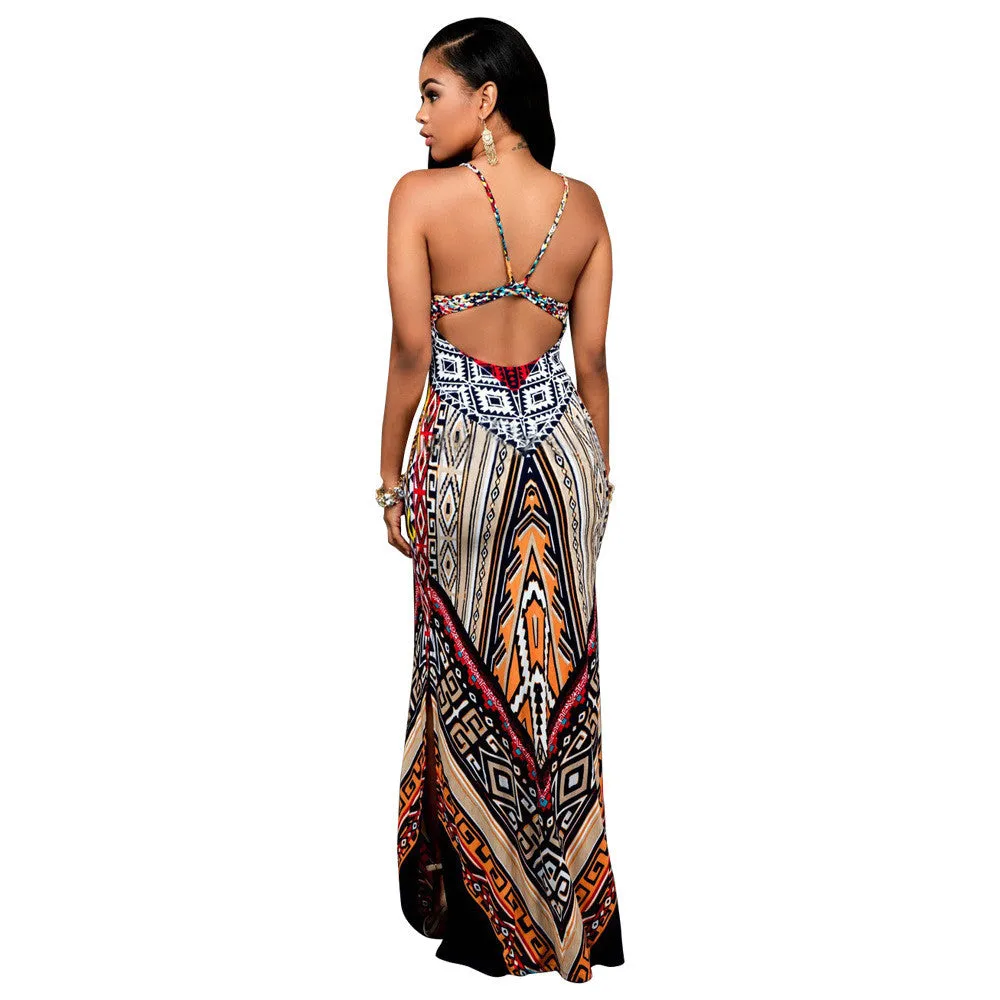 Sexy Spaghetti Strap Print Bodycon Long Dress