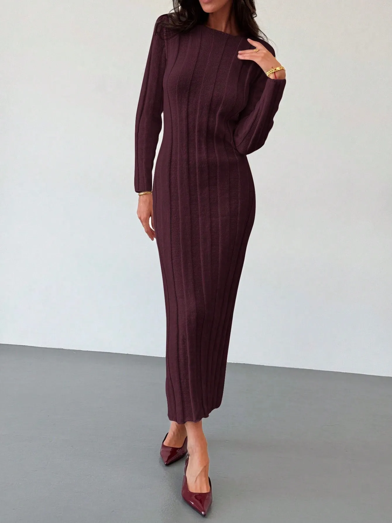 Shein Aloruh New Arrival Round Neck Long Sweater Dress, Warm And Comfortable