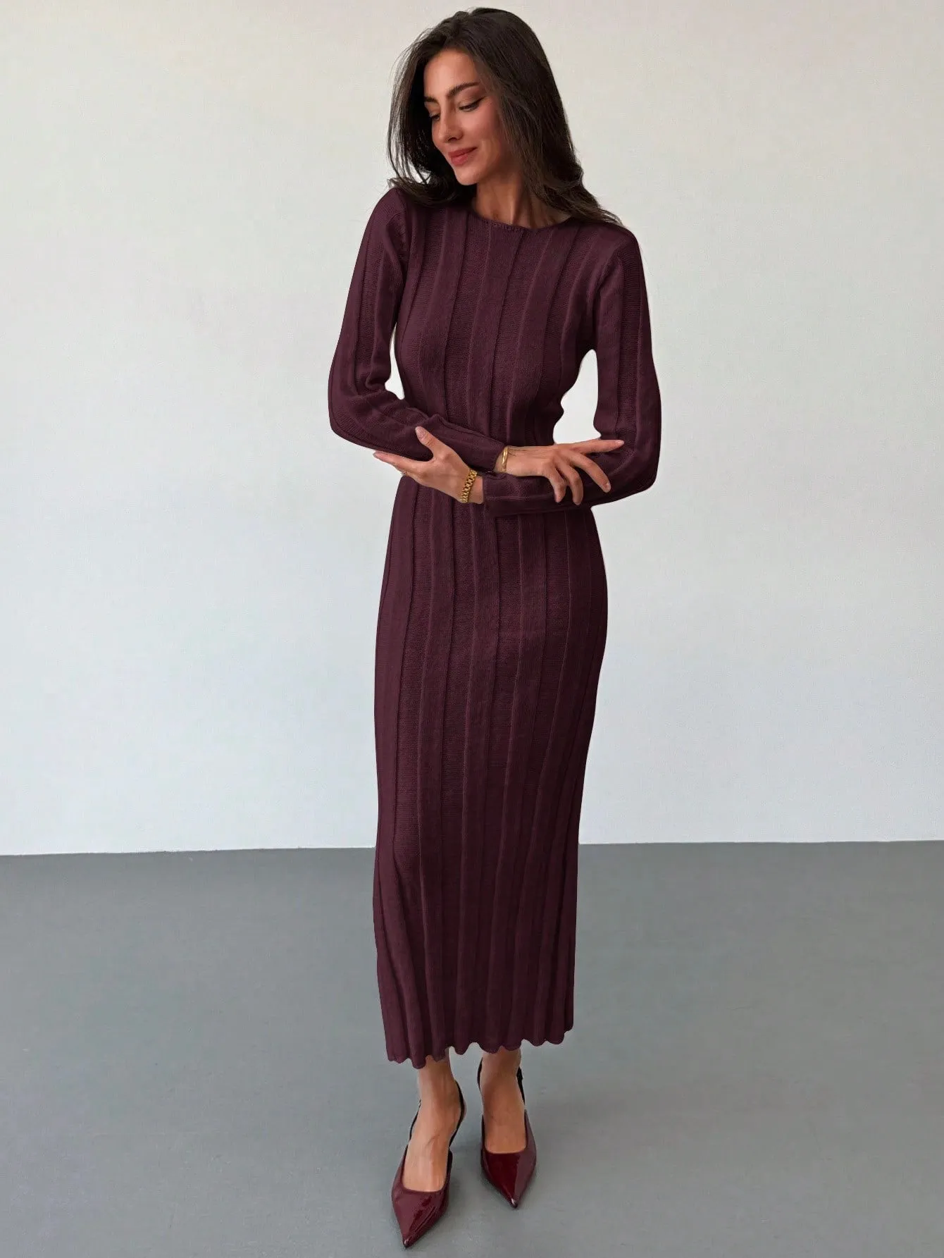 Shein Aloruh New Arrival Round Neck Long Sweater Dress, Warm And Comfortable