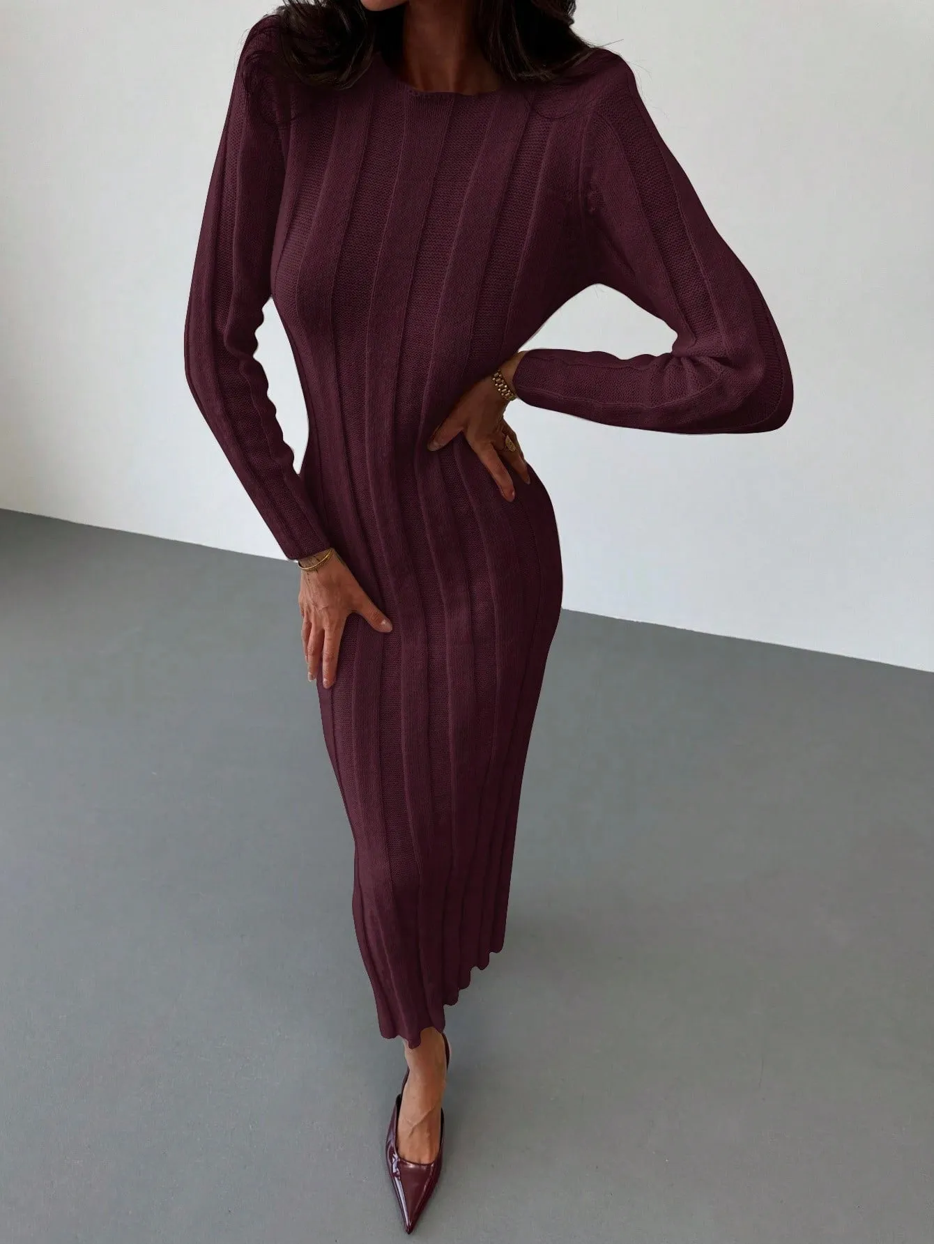 Shein Aloruh New Arrival Round Neck Long Sweater Dress, Warm And Comfortable