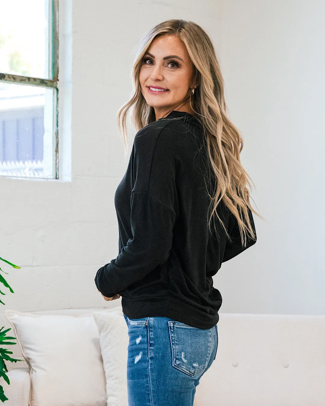 Sienna Brushed Soft V Neck Top - Black