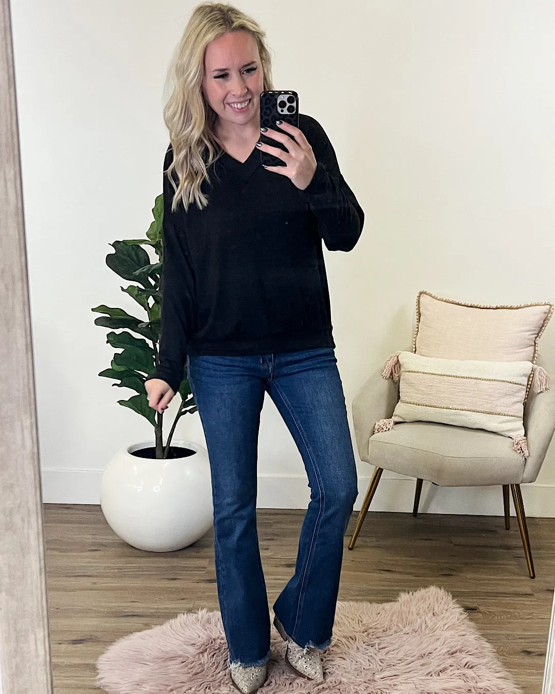 Sienna Brushed Soft V Neck Top - Black