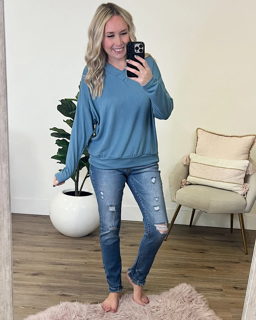 Sienna Brushed Soft V Neck Top - Blue