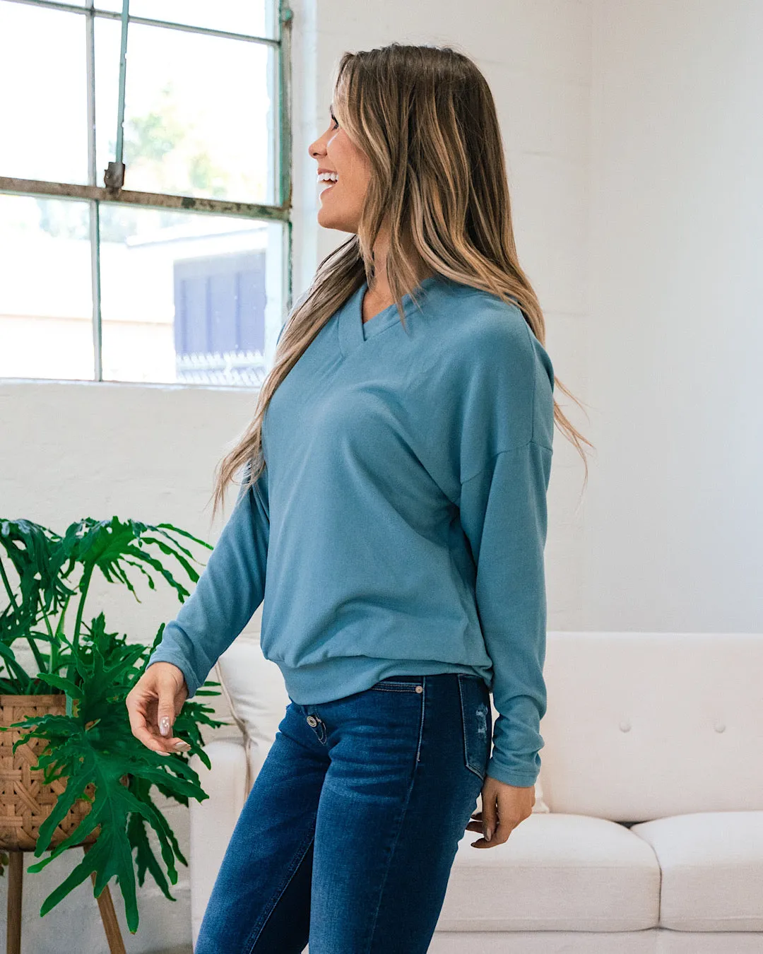 Sienna Brushed Soft V Neck Top - Blue