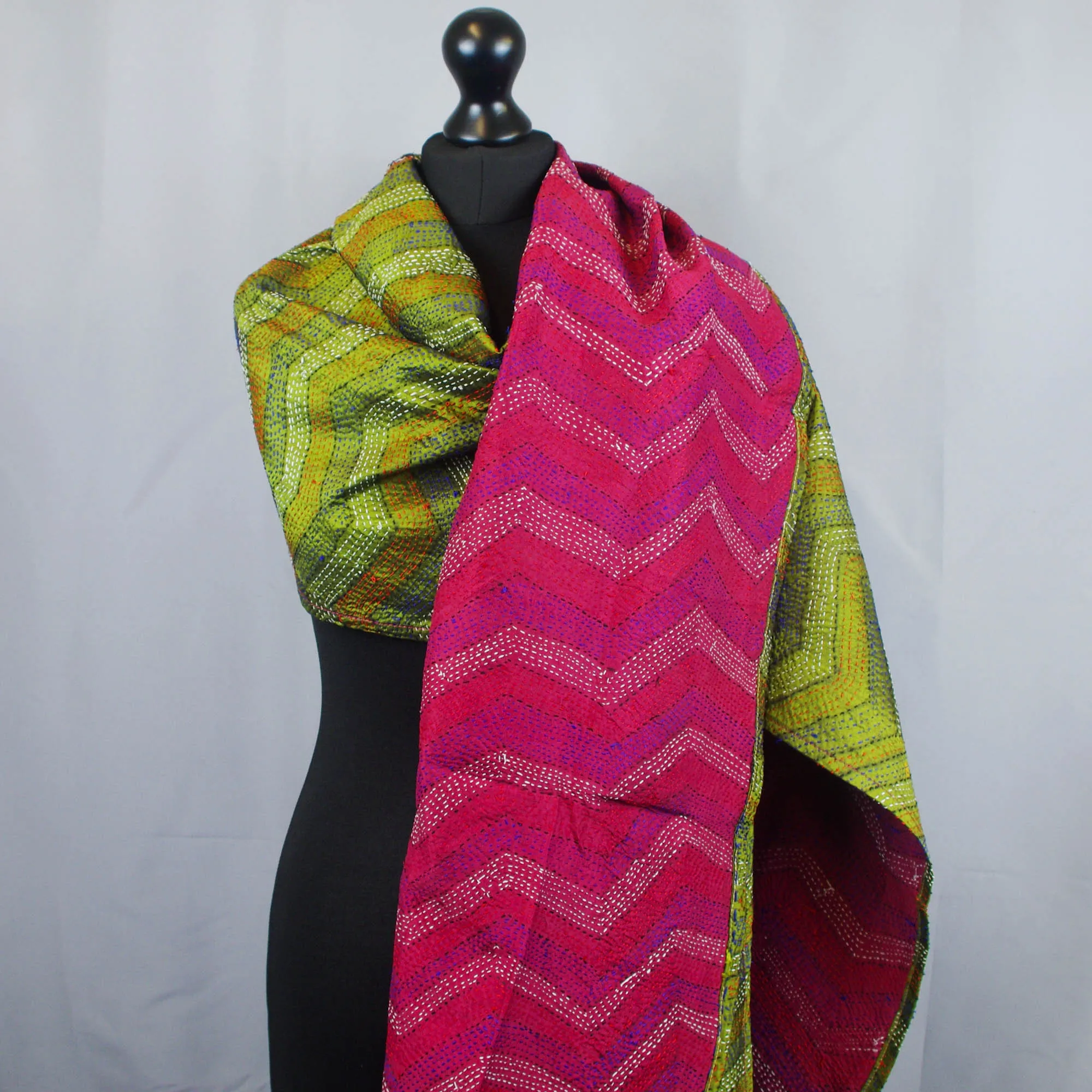 Silk Fine Kantha Stitch Reversible Scarf - Green Zig Zag Pattern