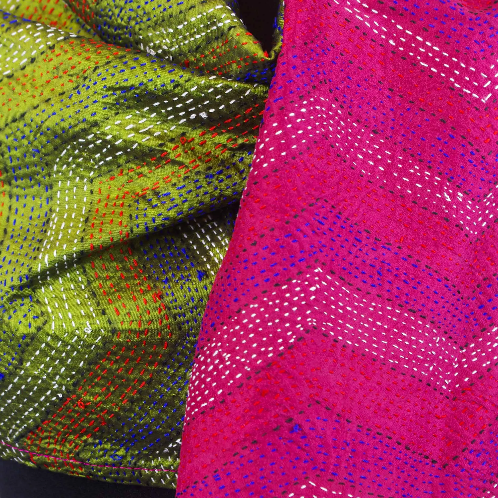 Silk Fine Kantha Stitch Reversible Scarf - Green Zig Zag Pattern