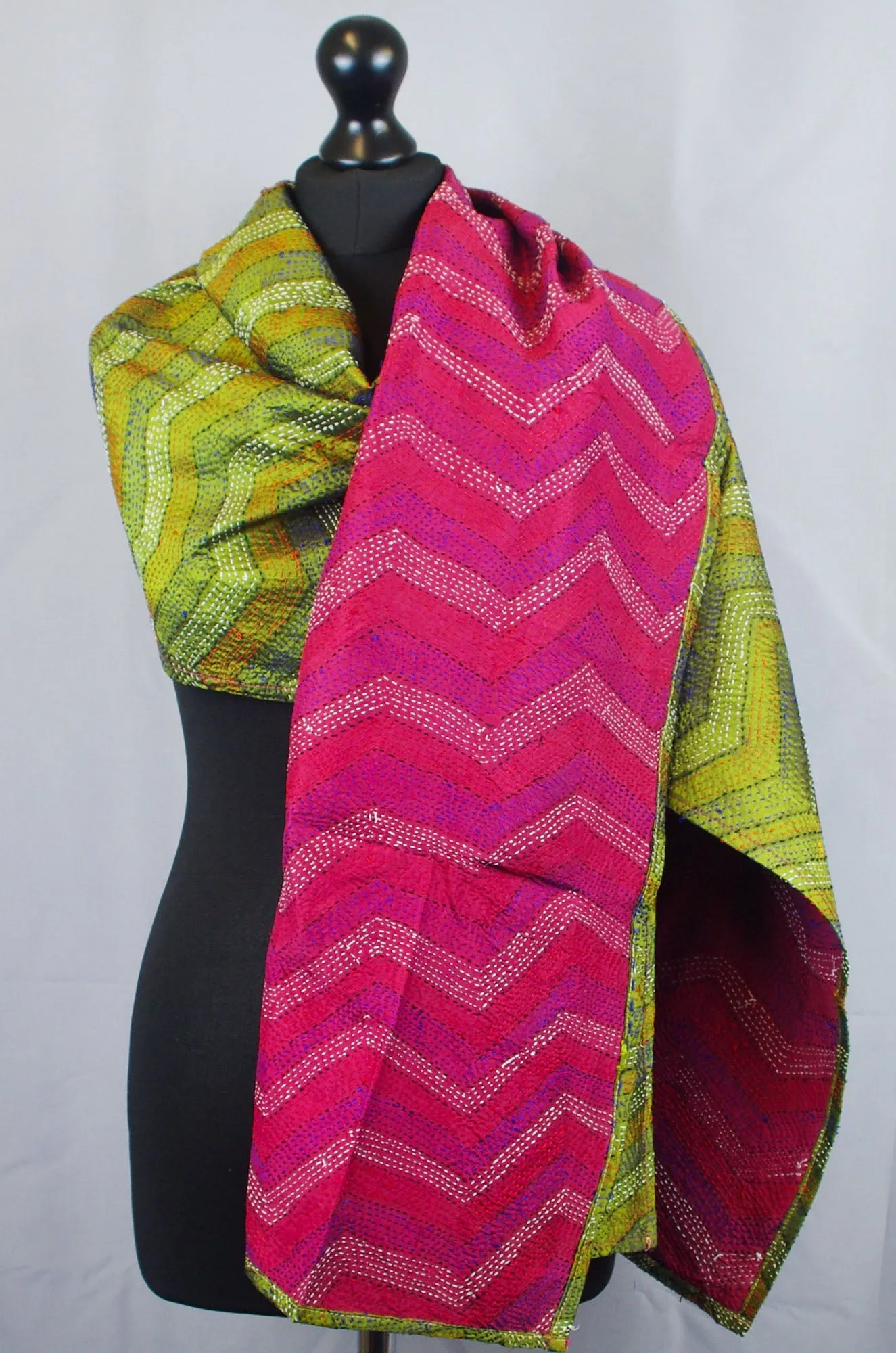 Silk Fine Kantha Stitch Reversible Scarf - Green Zig Zag Pattern