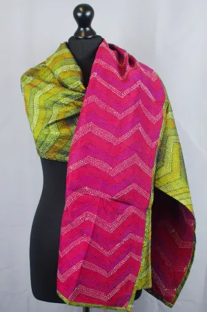Silk Fine Kantha Stitch Reversible Scarf - Green Zig Zag Pattern