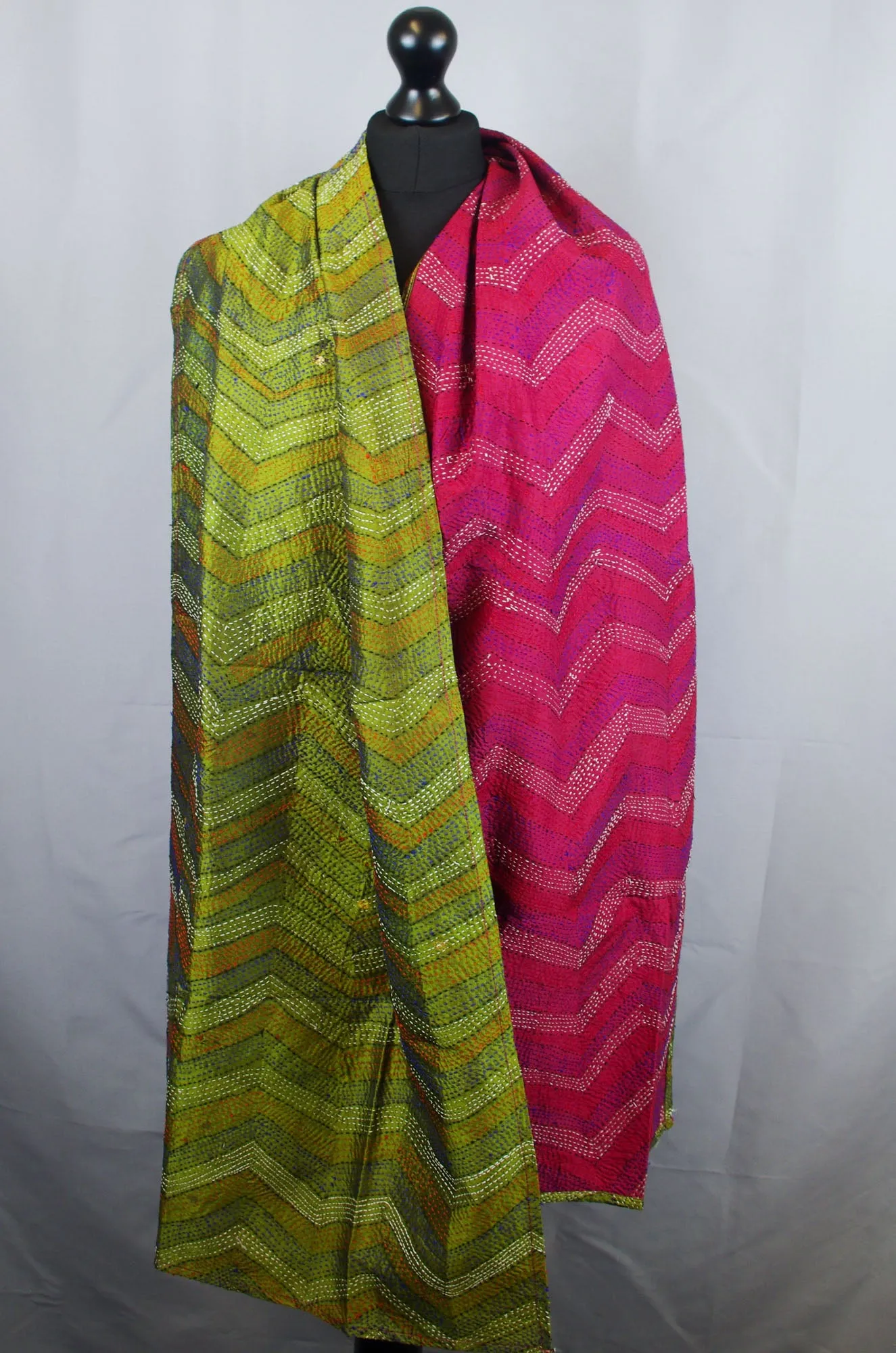Silk Fine Kantha Stitch Reversible Scarf - Green Zig Zag Pattern