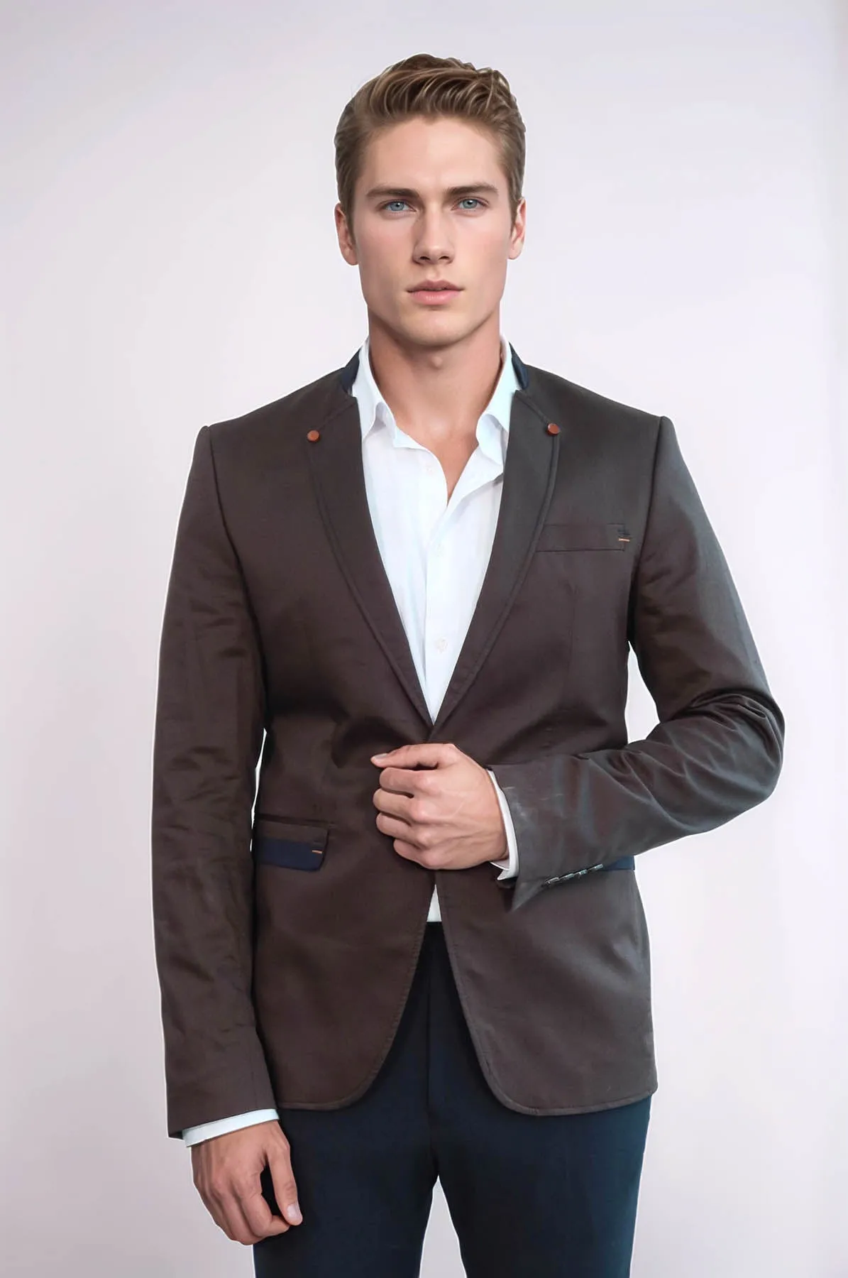 Single Button Standing Collar Brown Men Blazer - Wessi