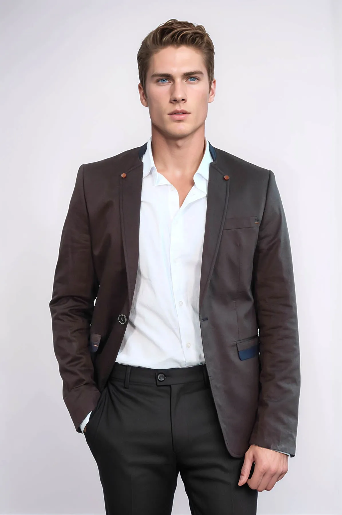Single Button Standing Collar Brown Men Blazer - Wessi