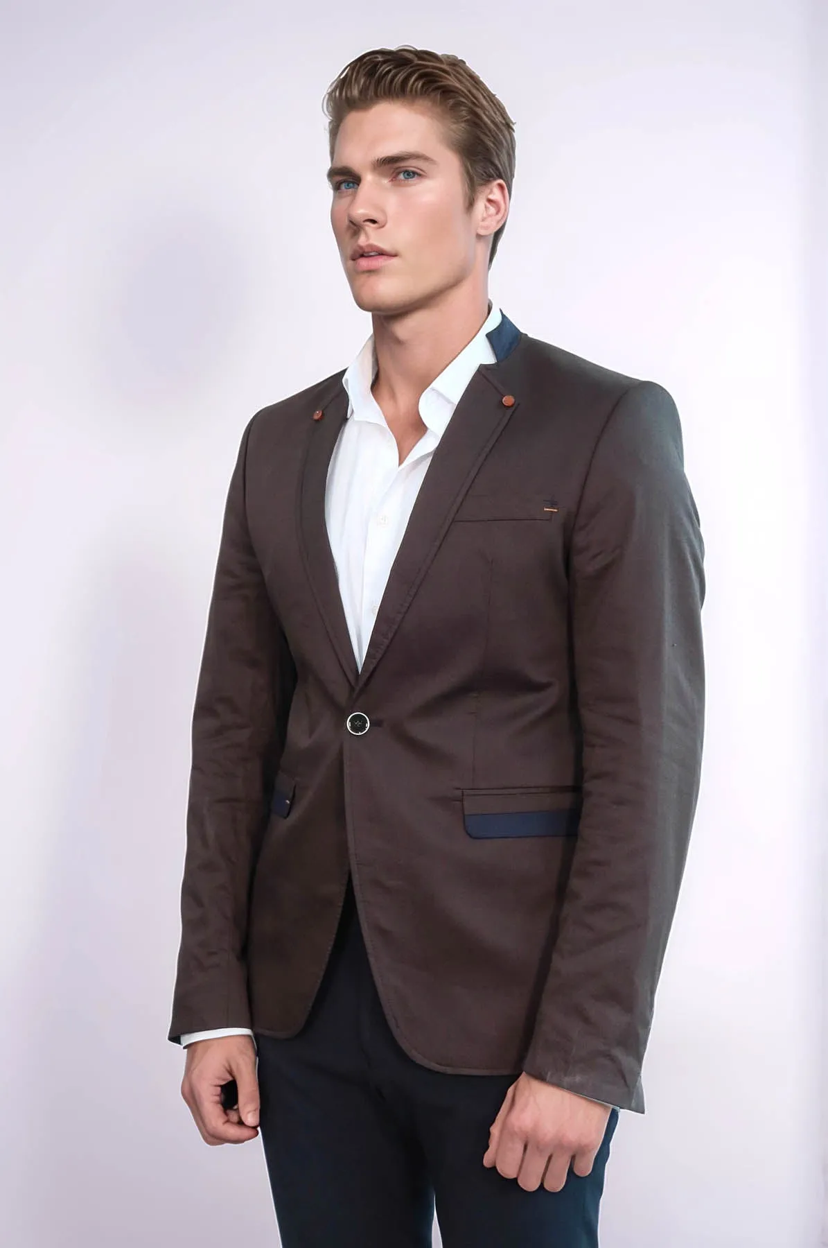 Single Button Standing Collar Brown Men Blazer - Wessi
