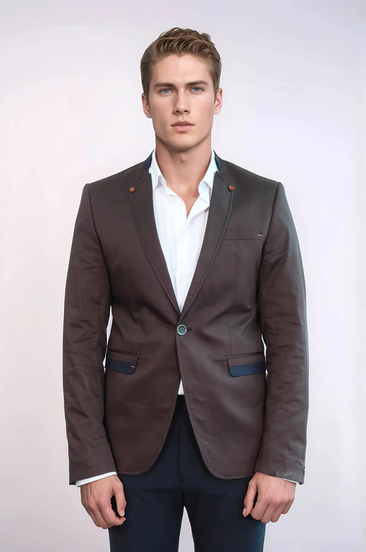Single Button Standing Collar Brown Men Blazer - Wessi