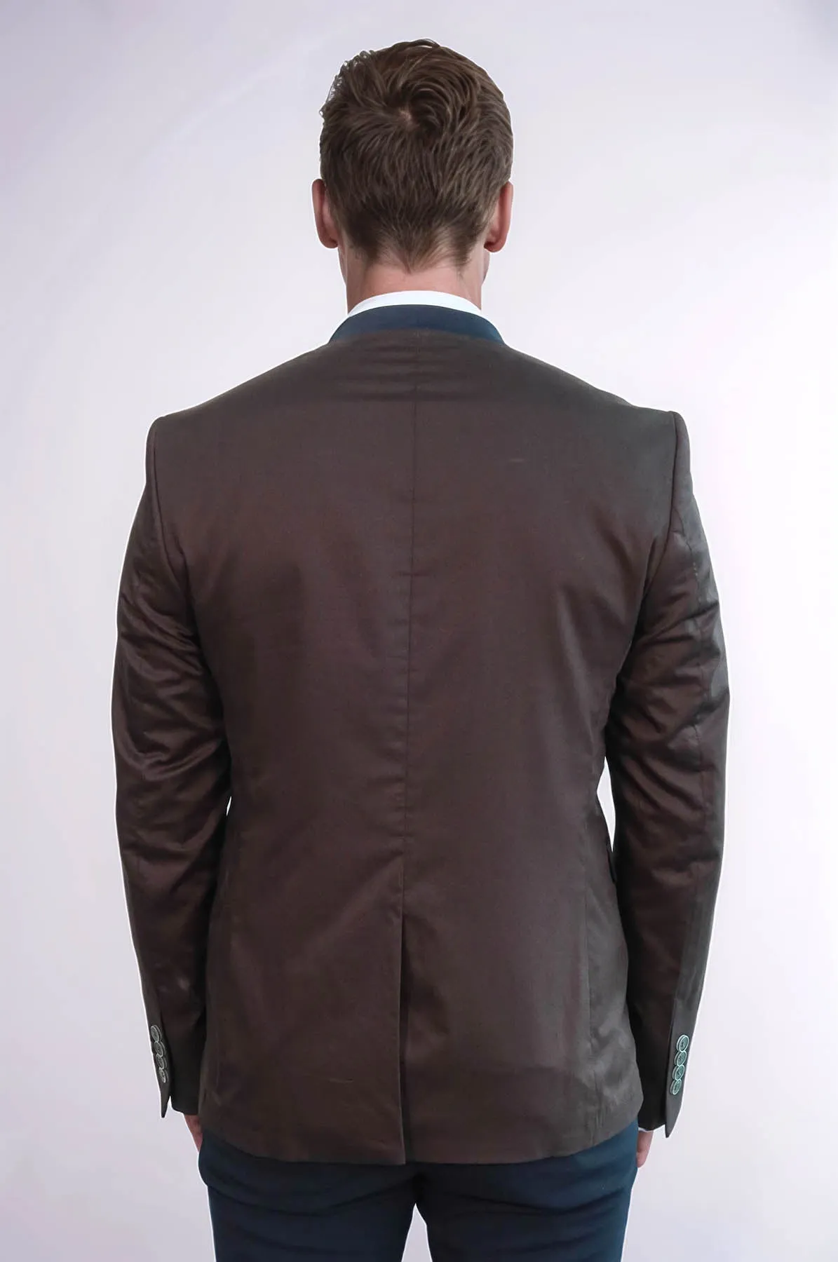 Single Button Standing Collar Brown Men Blazer - Wessi