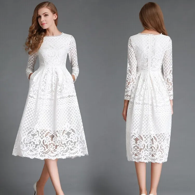 Solid Color Long Sleeves Scoop Knee-length Lace Dress