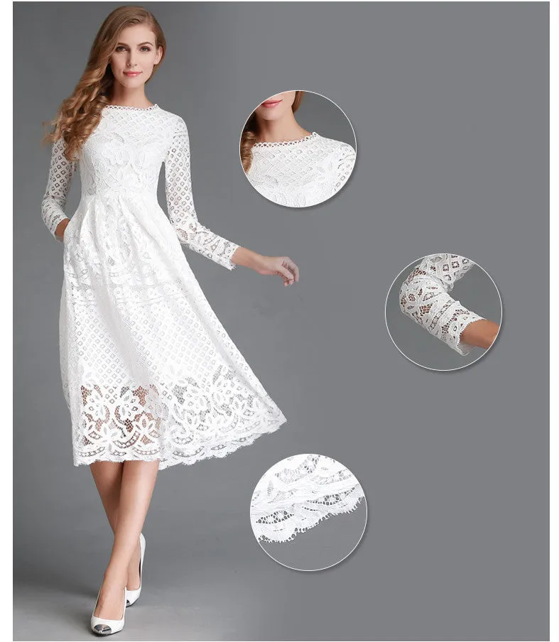 Solid Color Long Sleeves Scoop Knee-length Lace Dress