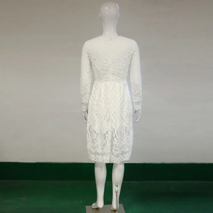 Solid Color Long Sleeves Scoop Knee-length Lace Dress