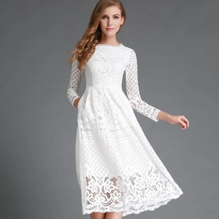 Solid Color Long Sleeves Scoop Knee-length Lace Dress