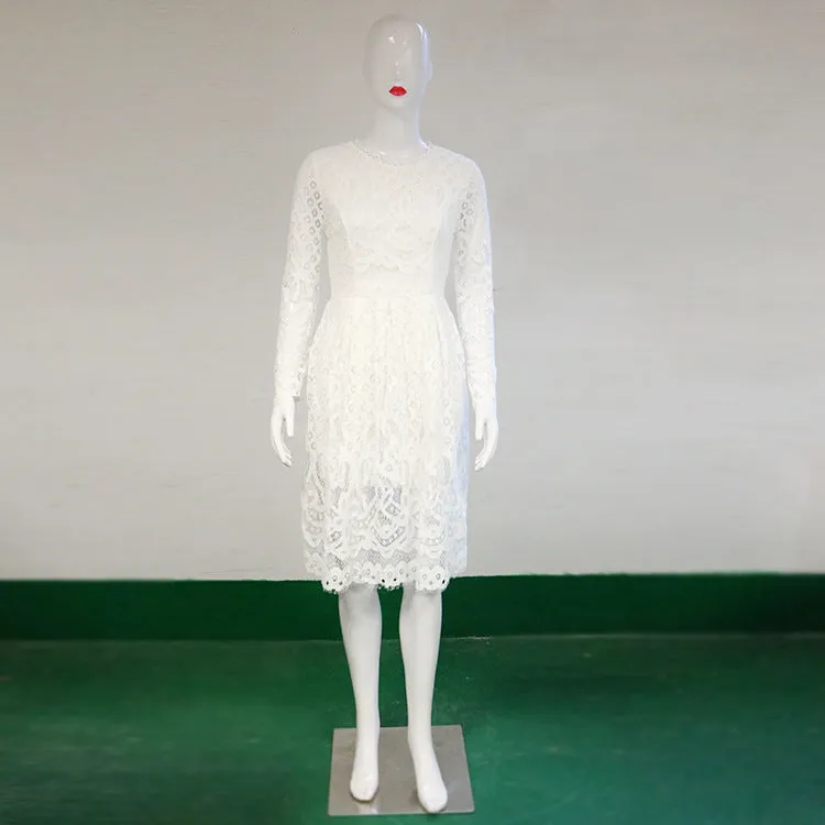 Solid Color Long Sleeves Scoop Knee-length Lace Dress